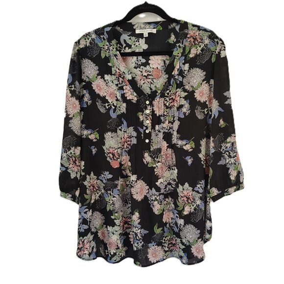 ROSE & OLIVE Black Floral Tunic 1X Women's Plus Size V-Neck 3/4 Sleeve Blouse - Picture 1 of 6